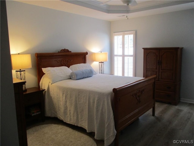 bedroom featuring a tray ceiling and wood finished floors