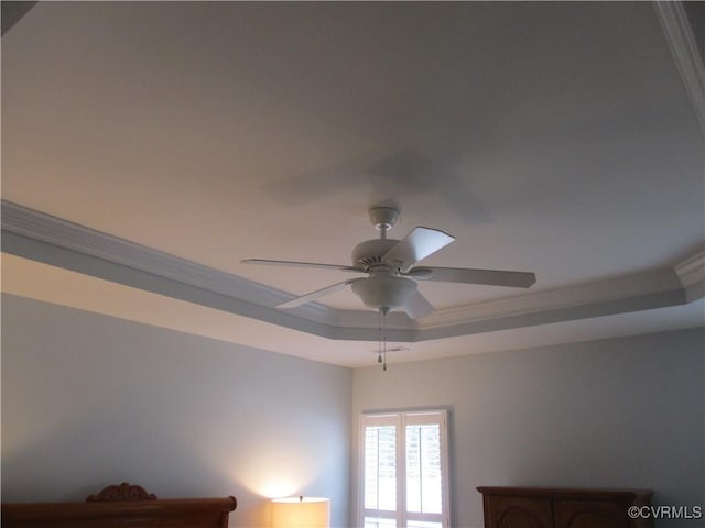 room details featuring ceiling fan, a raised ceiling, and crown molding