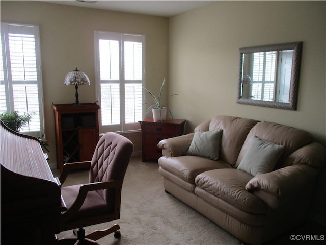 home office featuring light carpet