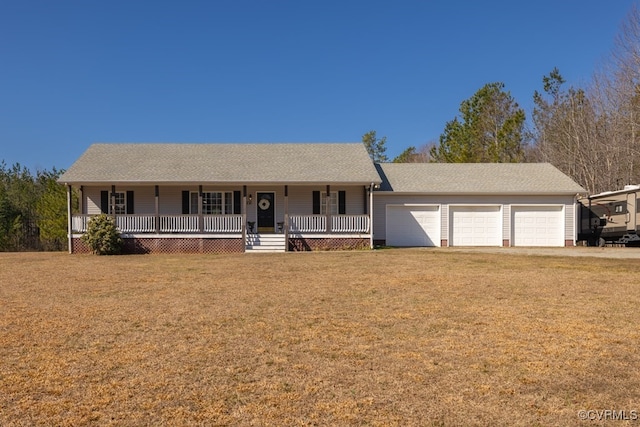 single story home with an attached garage, covered porch, driveway, roof with shingles, and a front lawn