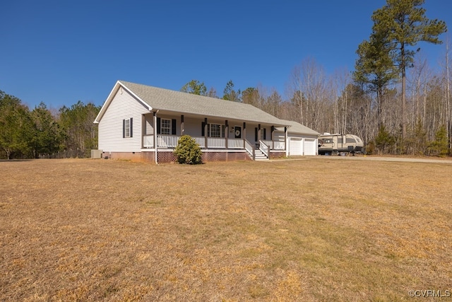 ranch-style house with an attached garage, covered porch, roof with shingles, crawl space, and a front lawn