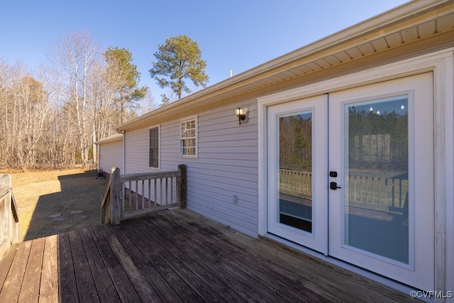 wooden terrace featuring french doors