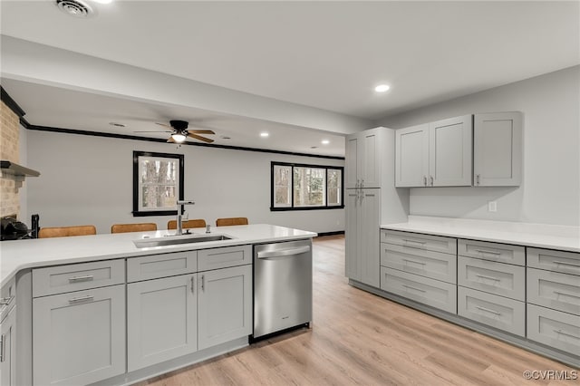 kitchen featuring dishwasher, a peninsula, and gray cabinets