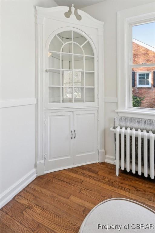 interior details featuring radiator heating unit, wood finished floors, and baseboards