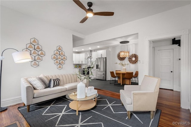 living room with ceiling fan, dark wood-style flooring, recessed lighting, and baseboards