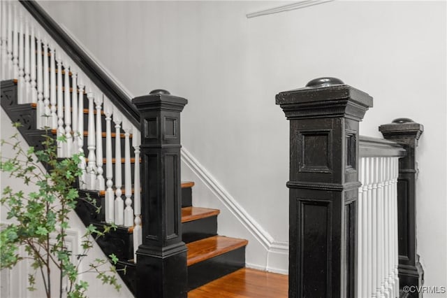 stairway featuring wood finished floors