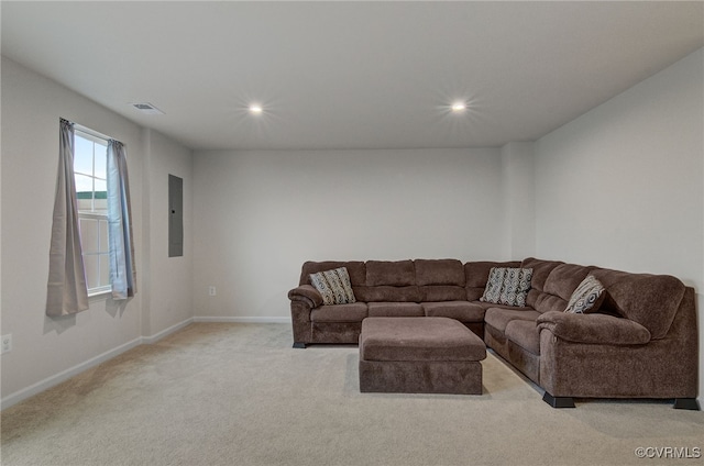 carpeted living room featuring recessed lighting, electric panel, visible vents, and baseboards