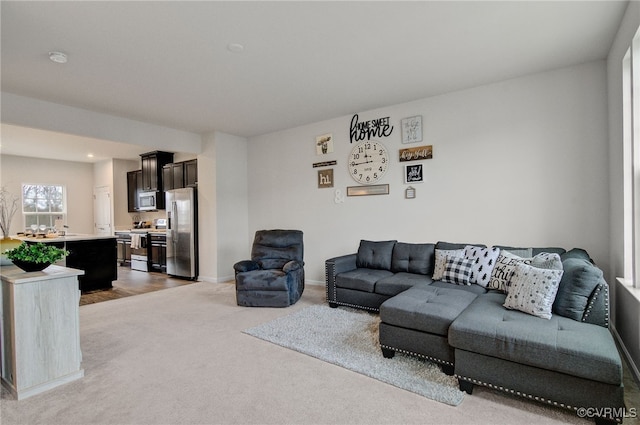 living area featuring carpet flooring and baseboards