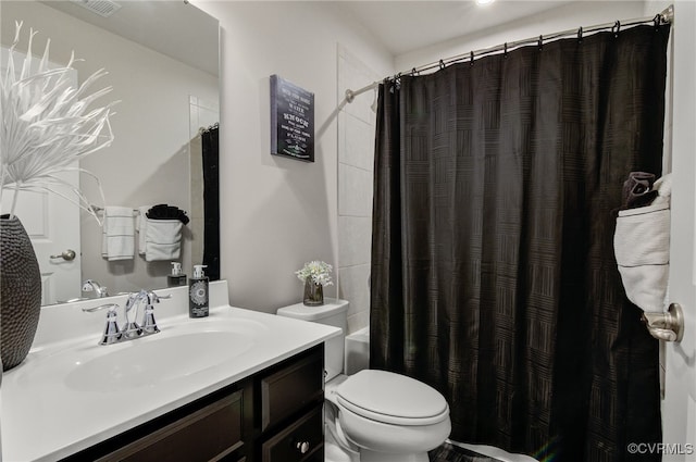 full bathroom with toilet, shower / bath combination with curtain, and vanity