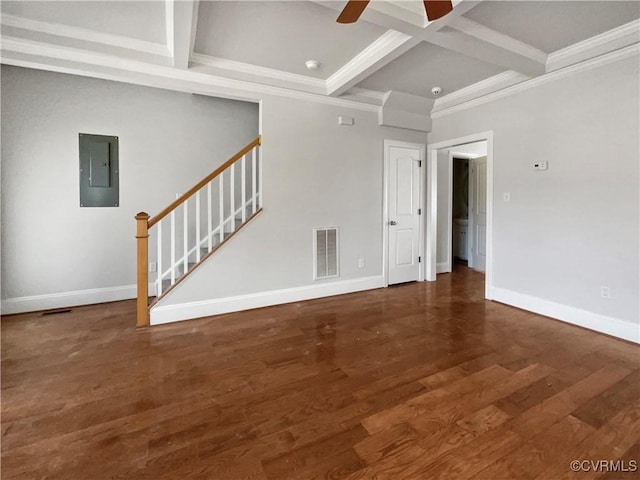 unfurnished living room featuring visible vents, stairway, electric panel, wood finished floors, and coffered ceiling