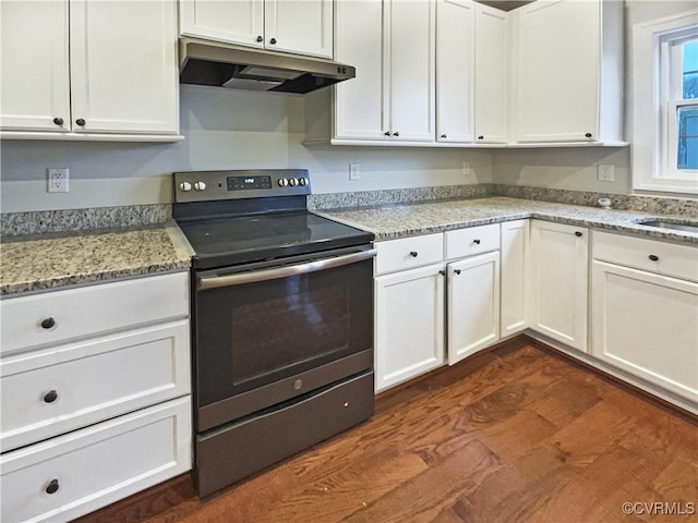 kitchen featuring electric range, white cabinetry, and under cabinet range hood