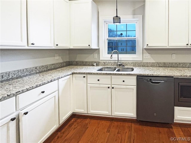 kitchen with a sink, white cabinetry, dark wood-style flooring, and dishwasher