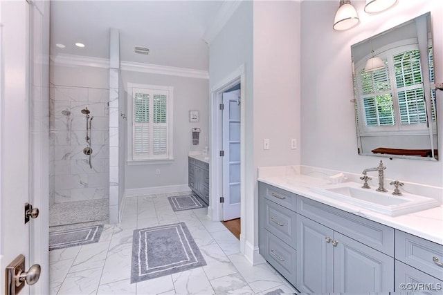 full bath featuring baseboards, marble finish floor, walk in shower, crown molding, and vanity