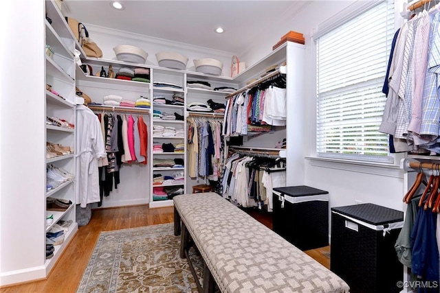 walk in closet with wood finished floors