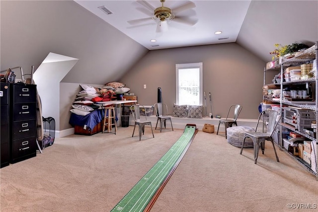 recreation room featuring carpet floors, lofted ceiling, recessed lighting, visible vents, and a ceiling fan