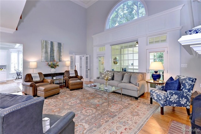 living area with a towering ceiling, crown molding, and wood finished floors