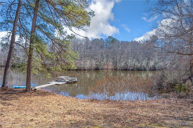 water view with a floating dock and a wooded view