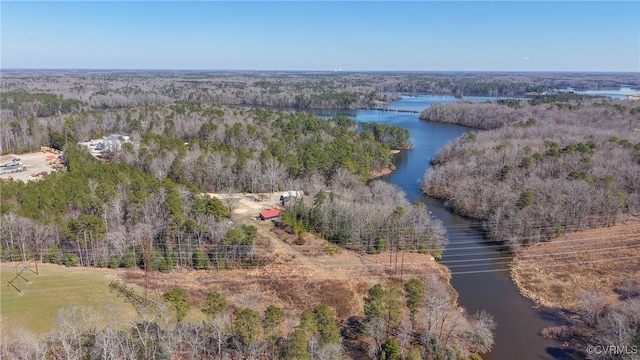 bird's eye view with a water view and a wooded view