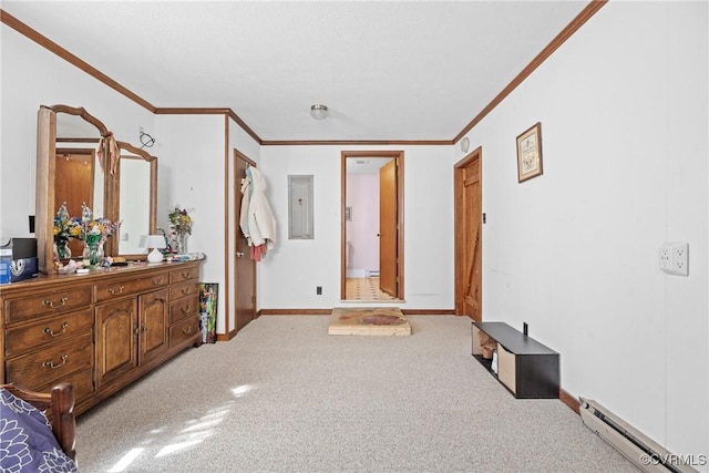 bedroom featuring electric panel, baseboards, light colored carpet, a baseboard radiator, and ornamental molding