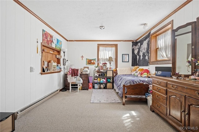 carpeted bedroom with a baseboard heating unit, crown molding, and a textured ceiling