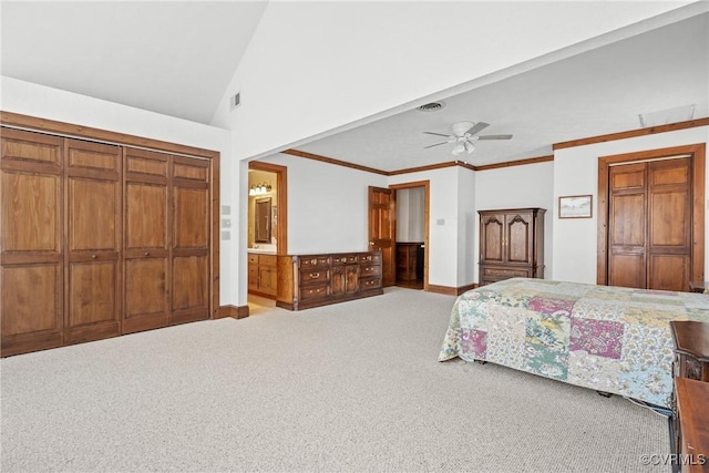 bedroom with high vaulted ceiling, carpet floors, a ceiling fan, visible vents, and crown molding