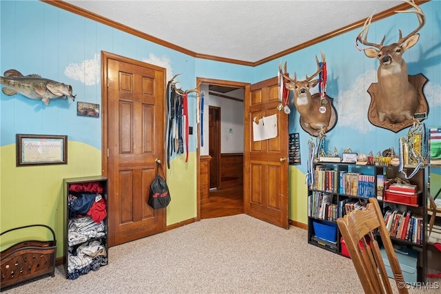 interior space with ornamental molding and a textured ceiling