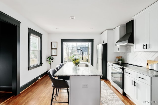 kitchen with range with electric cooktop, a sink, freestanding refrigerator, decorative backsplash, and wall chimney exhaust hood