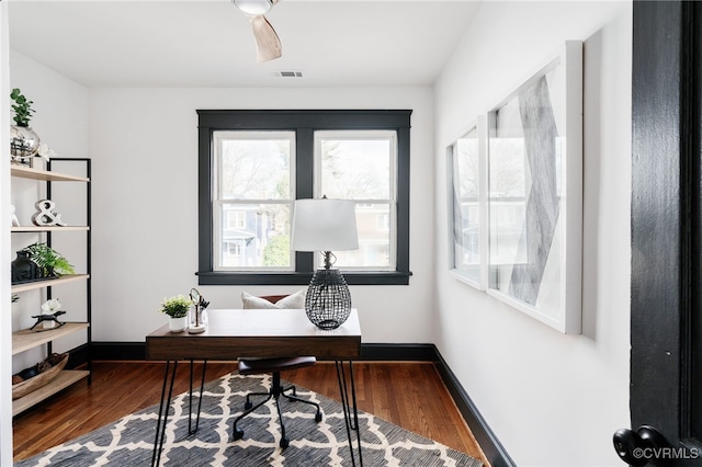 office space featuring ceiling fan, wood finished floors, visible vents, and baseboards