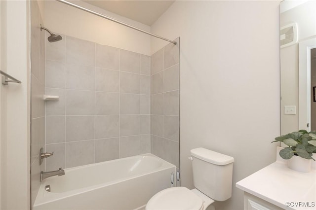 full bath with toilet, visible vents, tub / shower combination, and vanity