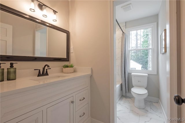 full bath featuring marble finish floor, visible vents, toilet, vanity, and baseboards