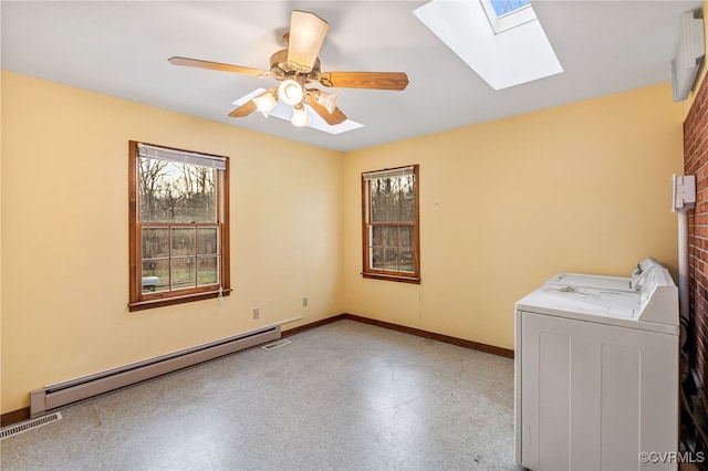 laundry room featuring laundry area, visible vents, baseboards, a baseboard radiator, and washer and dryer