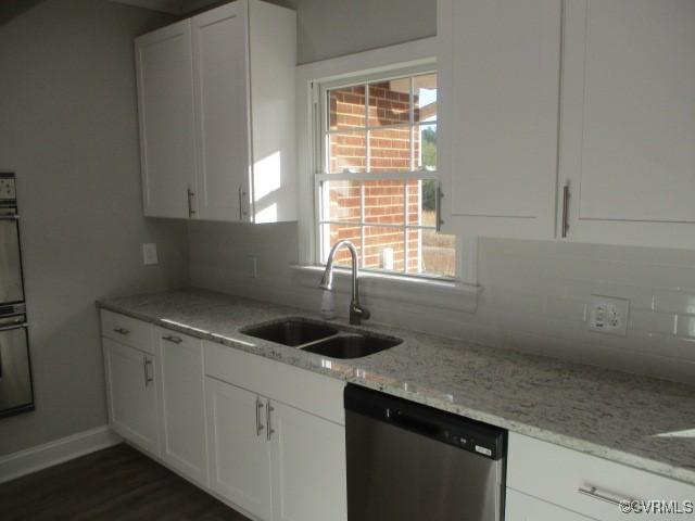 kitchen featuring stainless steel dishwasher, a sink, white cabinets, and tasteful backsplash