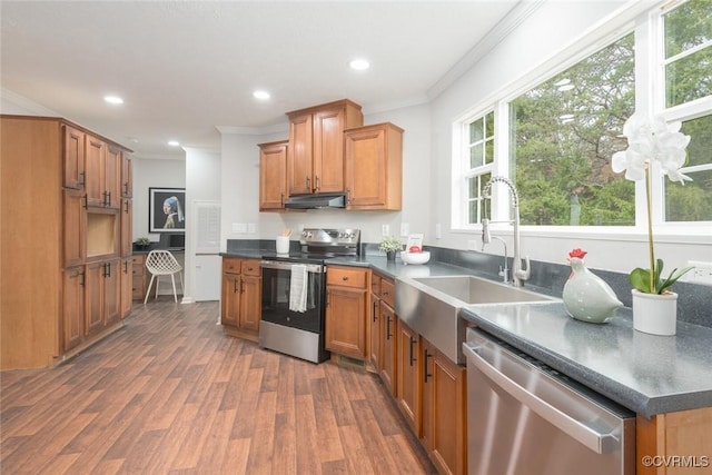 kitchen with appliances with stainless steel finishes, wood finished floors, a sink, and ornamental molding