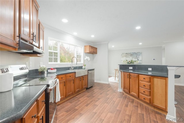 kitchen with stainless steel appliances, light wood-type flooring, brown cabinetry, and ornamental molding