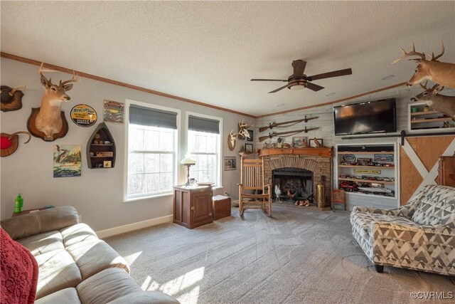 living area with light colored carpet, a textured ceiling, and crown molding