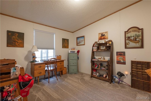 home office featuring crown molding, carpet floors, and a textured ceiling