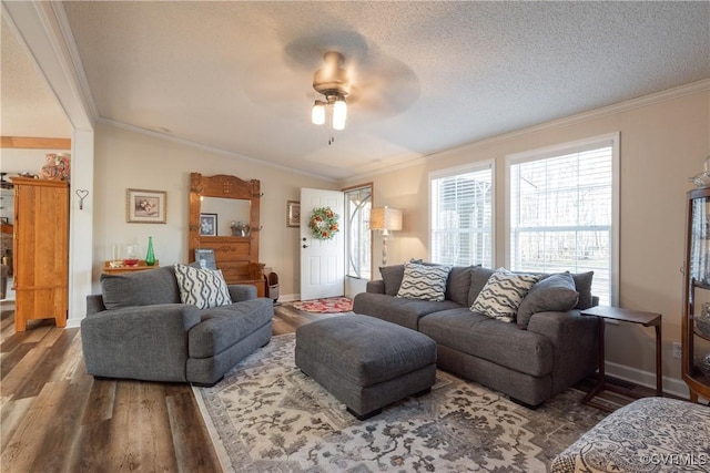 living area featuring ornamental molding, a textured ceiling, baseboards, and wood finished floors