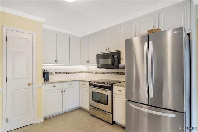 kitchen with backsplash, appliances with stainless steel finishes, crown molding, and light stone countertops