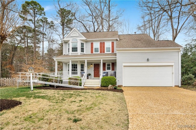 view of front facade featuring a front lawn, a porch, fence, concrete driveway, and an attached garage