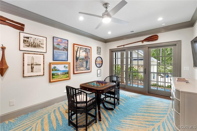 dining area featuring crown molding, recessed lighting, visible vents, ceiling fan, and baseboards