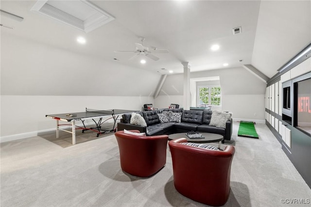 interior space featuring carpet floors, recessed lighting, visible vents, vaulted ceiling, and baseboards