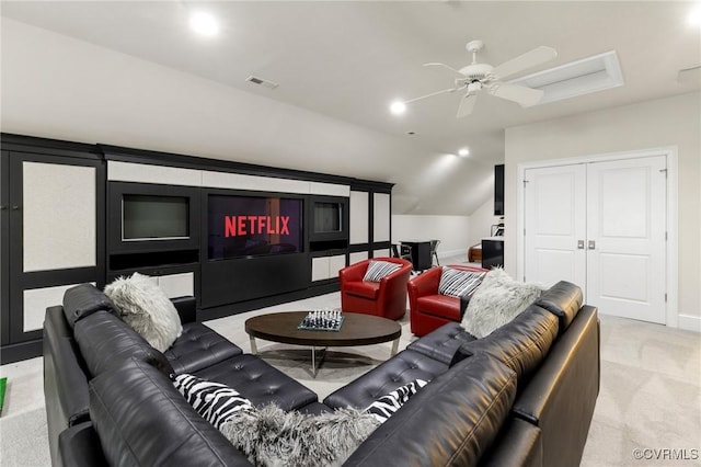 home theater room featuring recessed lighting, light carpet, visible vents, baseboards, and a ceiling fan