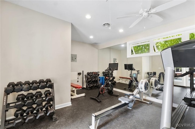 gym with recessed lighting, electric panel, visible vents, and ceiling fan