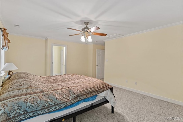 bedroom with visible vents, a ceiling fan, carpet floors, crown molding, and baseboards