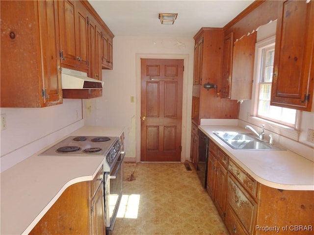 kitchen featuring brown cabinetry, a sink, range with electric cooktop, dishwasher, and under cabinet range hood