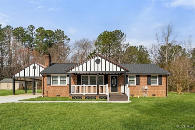 view of front of property with covered porch, brick siding, and crawl space