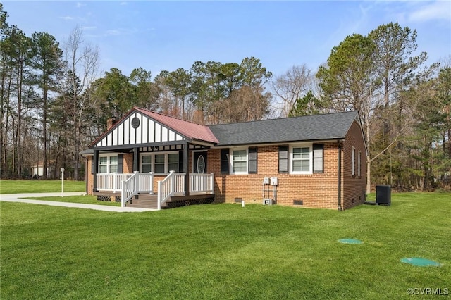 view of front of property featuring brick siding, central air condition unit, a porch, crawl space, and a front lawn