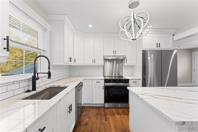 kitchen with under cabinet range hood, dark wood-type flooring, a sink, white cabinets, and appliances with stainless steel finishes