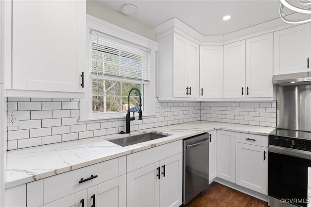 kitchen featuring under cabinet range hood, a sink, white cabinets, electric stove, and stainless steel dishwasher