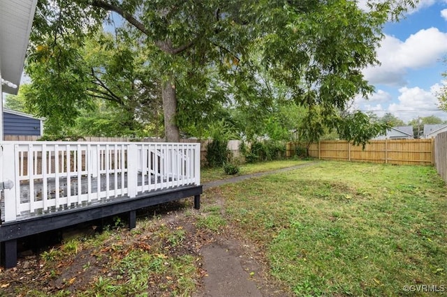 view of yard featuring a fenced backyard and a wooden deck